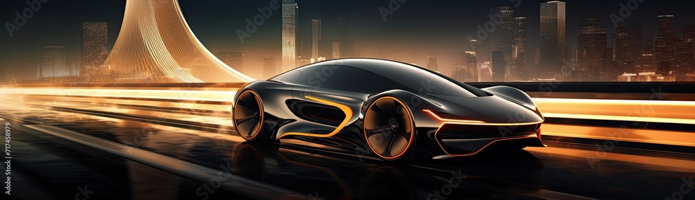 A sports car gliding along the road, adorned with a futuristic aesthetic that captivates the eye.