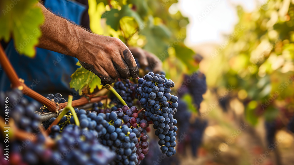 Person Picking Grapes From Vine in Vineyard