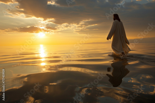 Woman Standing in Water at Sunset, Serene Beach Scene on a Beautiful Evening
