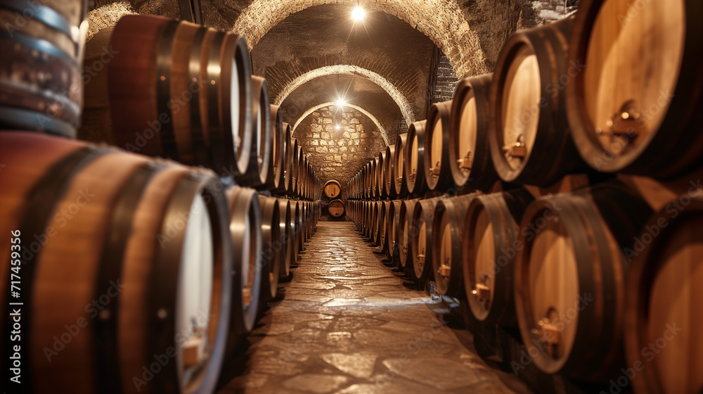 Rows of Wine Barrels in a Wine Cellar