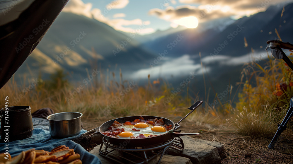 campsite breakfast with beautiful view campsite breakfast with beautiful view