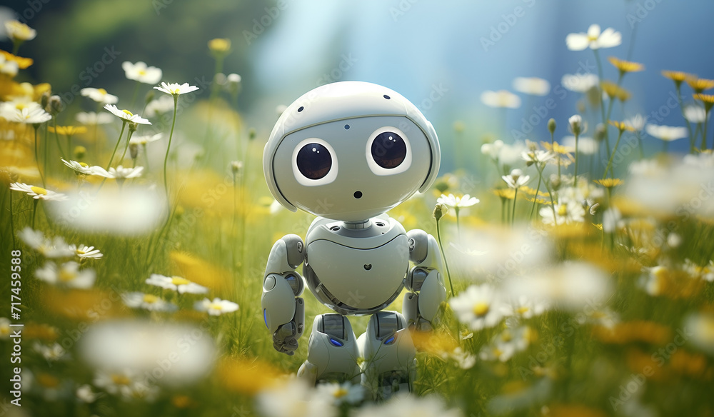 cute robot with eyes on a path surrounded by nature cute robot with eyes on a path surrounded by nature