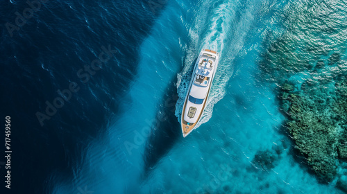 Drone view of a luxury yacht sailing through crystal-clear blue waters © Nelson