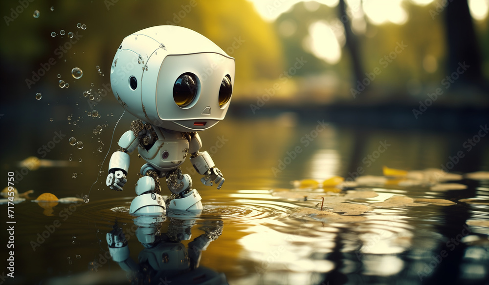 cute robot with eyes on a path surrounded by nature cute robot with eyes on a path surrounded by nature