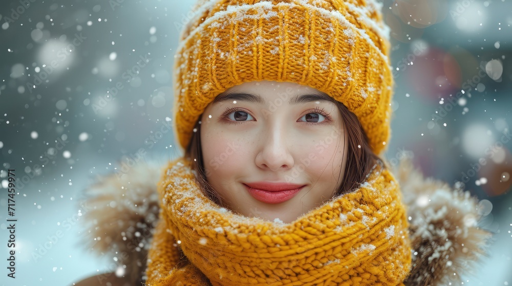 Portrait Happy Smiling Woman Standing Snowy, Background Banner HD Portrait Happy Smiling Woman Standing Snowy, Background Banner HD