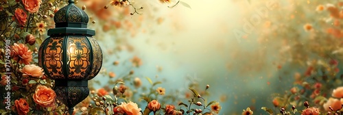 Ramadan Kareem background with arabic lanterns and flowers