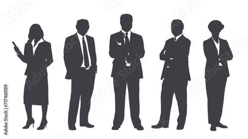 Business people group gray silhouettes pose on white background, flat line vector and illustration.