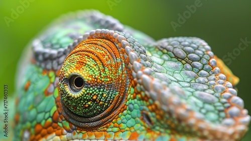 A detailed shot of a chameleons eyes their unique shape and ability to move independently aiding in its ability to spot and blend into its surroundings.