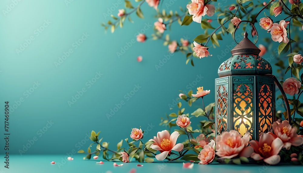 Lantern on the background of a flower tree. Ramadan Kareem.