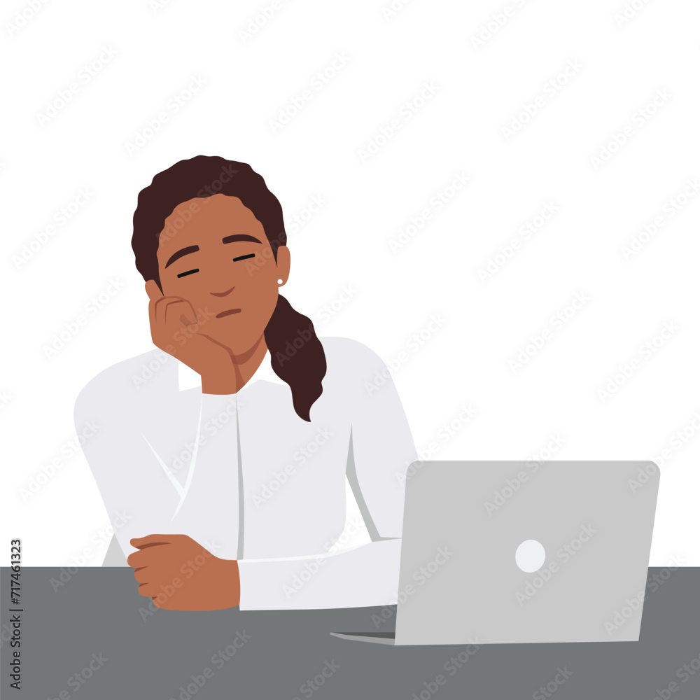 Tired female student or office worker sleeping at desk. Woman falling asleep while working or studying. Flat vector illustration isolated on white background Tired female student or office worker sleeping at desk. Woman falling asleep while working or studying. Flat vector illustration isolated on white background