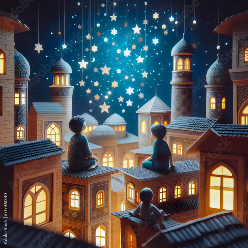 Surrealism style art of People perform Itiqaf in the mosque on the night of Lailatul Qadar in the month of Ramadan, view of typical Middle Eastern buildings, stars and moon, with copy space area  photo
