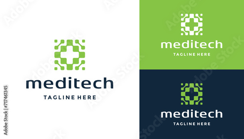 Modern Hospital Pharmacy with digital data square connection logo design