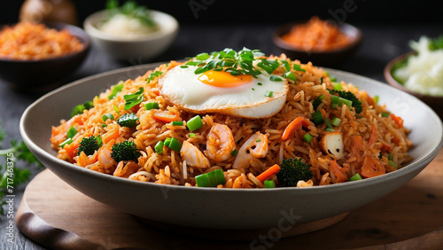 visual appeal of Kimchi fried rice the beauty of this classic Korean dish from a side angle, emphasizing the artful presentation on a wooden table