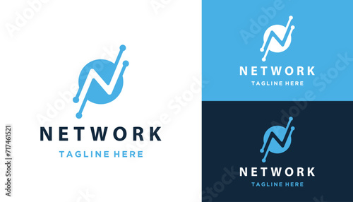 Circular Initial Letter N with Digital Wire Line Dots For Modern Technology Logo Design