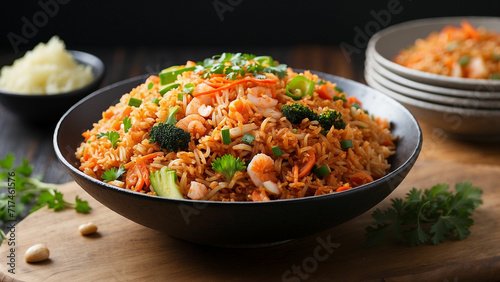 visual appeal of Kimchi fried rice the beauty of this classic Korean dish from a side angle, emphasizing the artful presentation on a wooden table