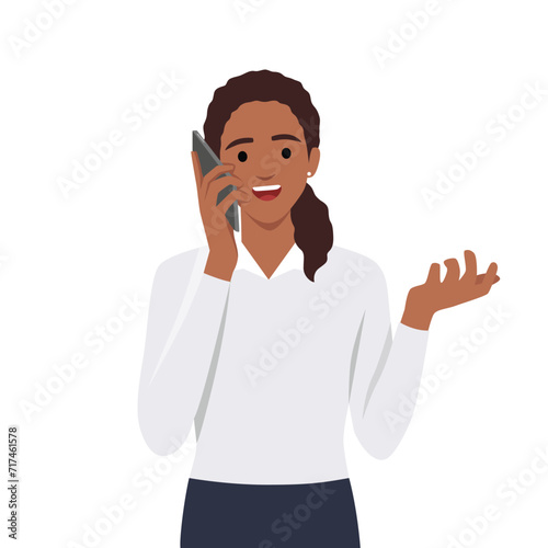 Woman talking on cellphone vector illustration. Young woman communicates via phone call. Flat vector illustration isolated on white background