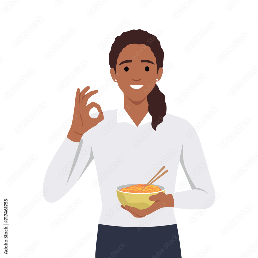 Beautiful woman holding Janpanese pork noodle ramen bowl with ok sign. Flat vector illustration isolated on white background Beautiful woman holding Janpanese pork noodle ramen bowl with ok sign. Flat vector illustration isolated on white background