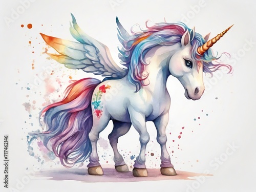 A noble colored unicorn with a golden horn  beautiful mane and colorful wings  watercolor painting  close-up  on a light background