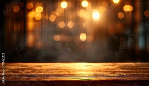 Cityscape blurred with bokeh lights empty wooden table stands surface canvas of abstract design and potential. night falls dark grainy wood becomes counterpoint to blurred background photo