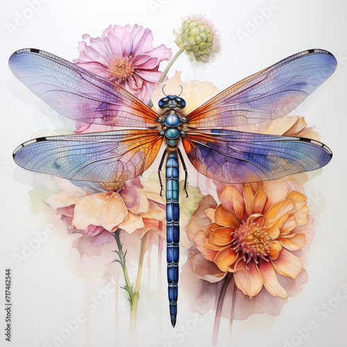 dragonfly on flower watercolor art