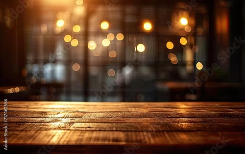 Cityscape blurred with bokeh lights empty wooden table stands surface canvas of abstract design and potential. night falls dark grainy wood becomes counterpoint to blurred background
