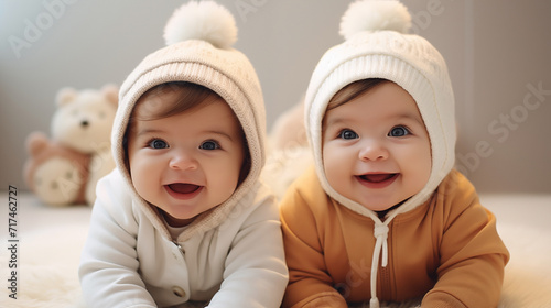 Bundle of Joy: Twin Babies in Knitted Hats Smiling Cheerfully 