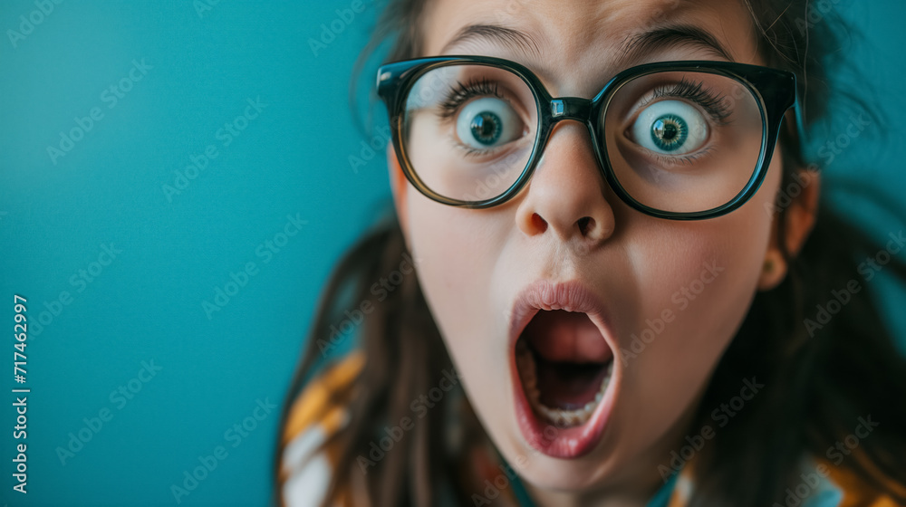 Girl with glasses, surprised, open mouth.