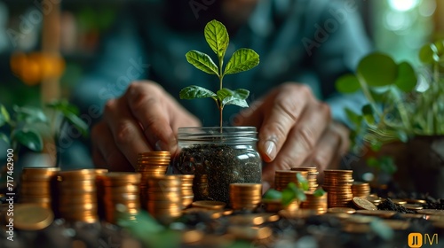 Investment growth concept with coins and sprouting plant. financial prosperity symbolized in a photo. sustainable economy visual. AI photo