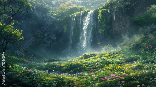 A lone waterfall cascading down a moss-covered cliff, surrounded by a symphony of emerald-hued ferns and wildflowers. 