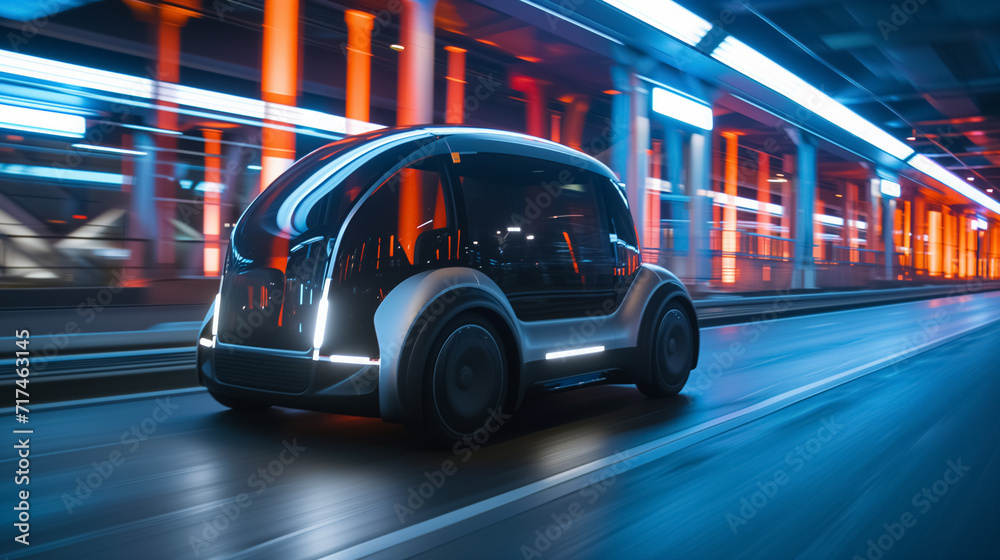 Futuristic car speeding through neon tunnel. Futuristic car speeding through neon tunnel.