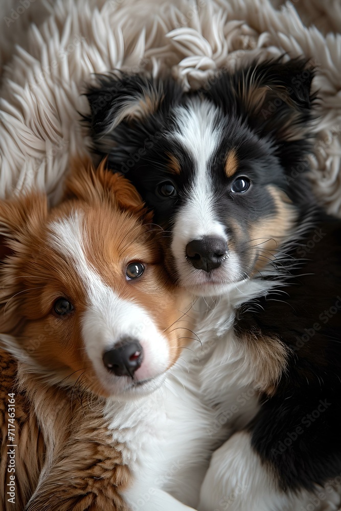 Two adorable australian shepherd puppies snuggling. cute fluffy dogs embrace in cozy setting. AI
