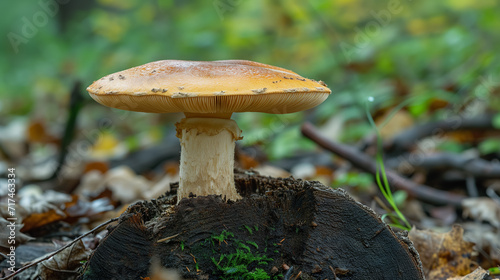 Mushroom growing on a forest floor.
