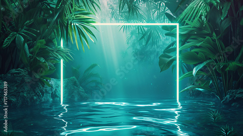 Glow of a Neon Frame with Blue and Green Tropical Leaves.