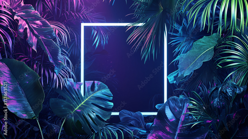 Naklejka premium Neon Lights and Tropical Leaves in a Blue and Green Frame.