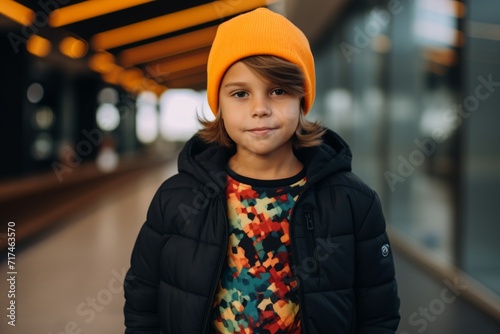 Portrait of a cute little boy in an orange hat and a black jacket