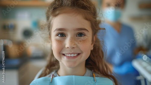 Young girl smiling at the dentist's office. positive dental checkup experience, child patient portrait. AI