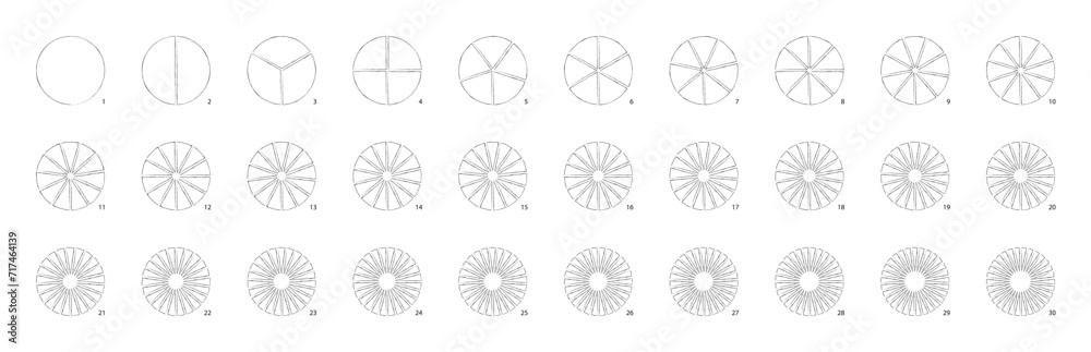 Hand drawn pie chart. Circles divided into equal pieces as fraction illustration. Doodle sketch math infographics. Vector part diagram for pizza split. Hand drawn pie chart. Circles divided into equal pieces as fraction illustration. Doodle sketch math infographics. Vector part diagram for pizza split.