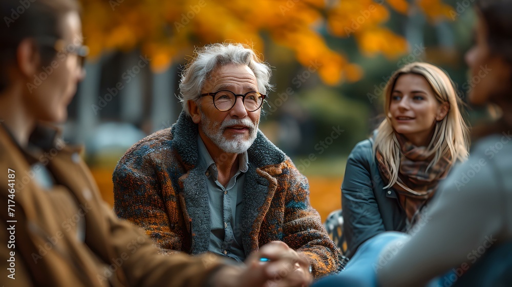 Senior man talks with family in autumn park. casual outdoor gathering. expressive conversation in nature. AI Senior man talks with family in autumn park. casual outdoor gathering. expressive conversation in nature. AI