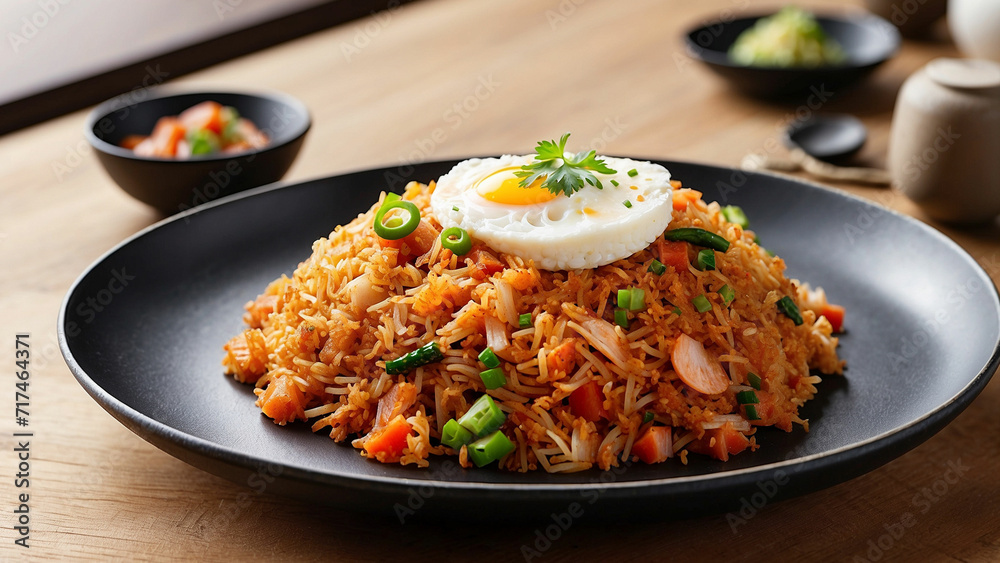 a visual feast with a side view of Kimchi fried rice plated on a textured wooden surface to immerse themselves in the delectable details a visual feast with a side view of Kimchi fried rice plated on a textured wooden surface to immerse themselves in the delectable details
