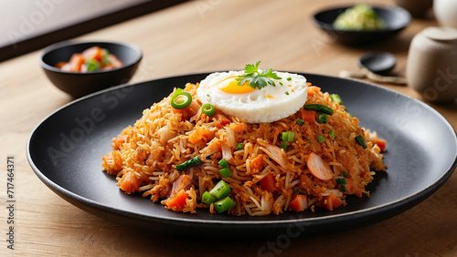a visual feast with a side view of Kimchi fried rice plated on a textured wooden surface to immerse themselves in the delectable details