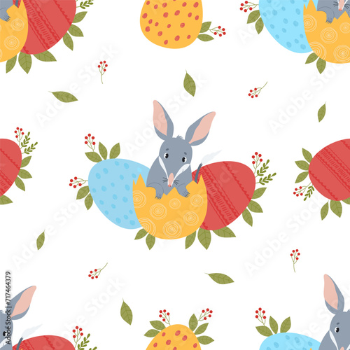 Easter Seamless pattern. Cute Australian animal bilby with Easter eggs on white background. Vector illustration