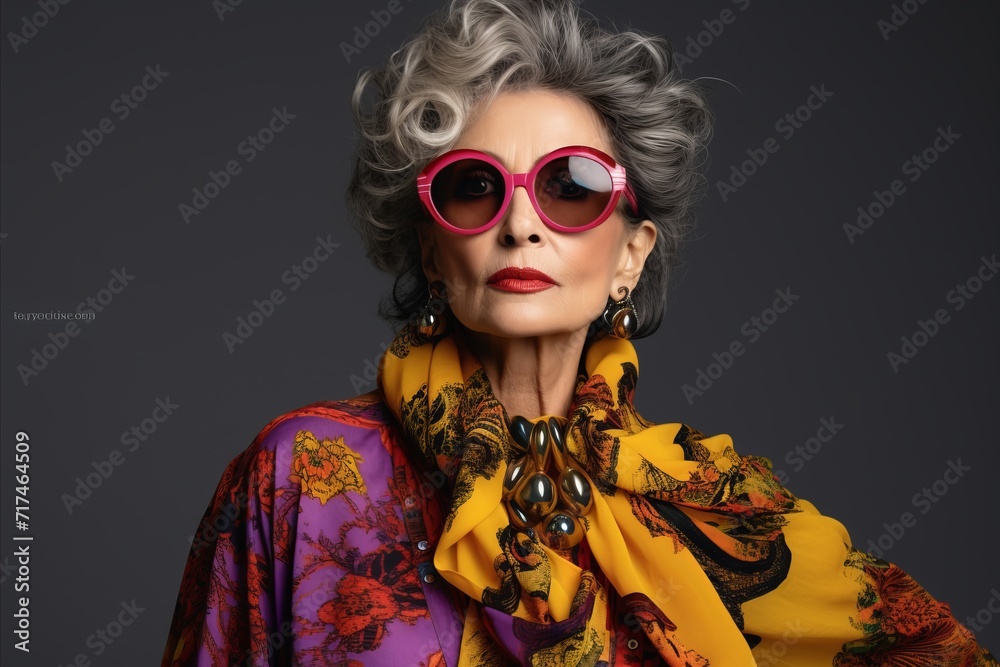 Fashionable senior woman in sunglasses and scarf. Studio shot. Fashionable senior woman in sunglasses and scarf. Studio shot.
