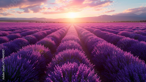 Sun-kissed lavender fields stretching endlessly under a vibrant azure sky, inviting a sense of calm and serenity. 