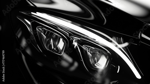 An abstract closeup of a monochrome headlight with a focus on the play of light and shadow on its curved surface.