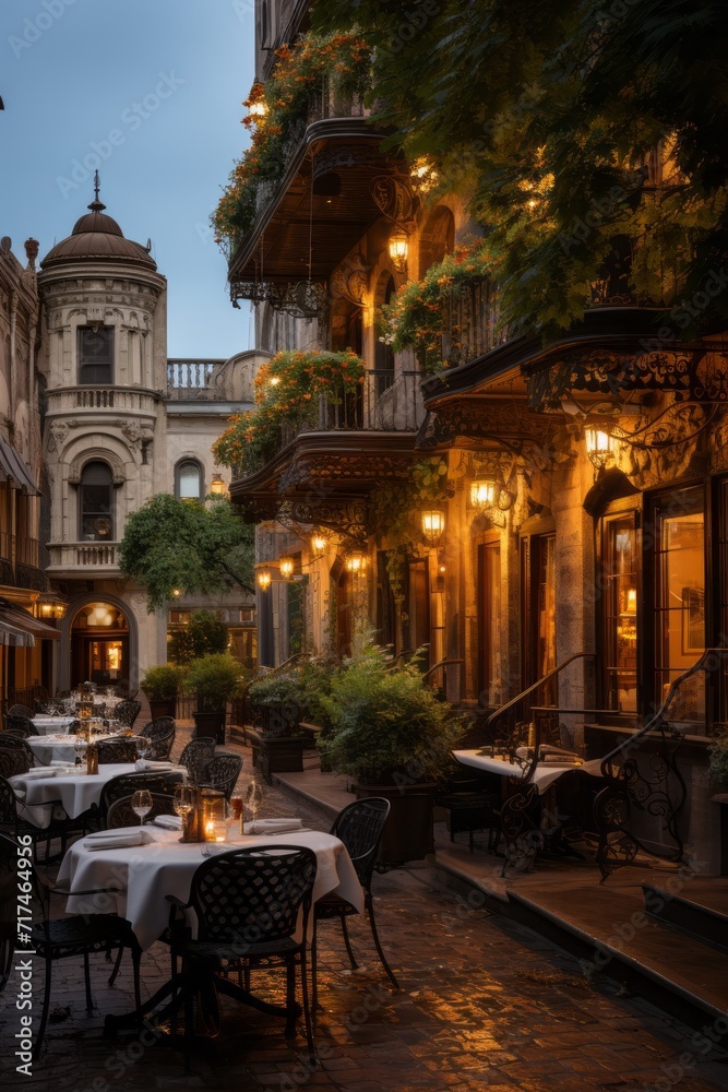 Plaza surrounded by historic buildings housing quaint restaurants under the evening sky, Generative AI