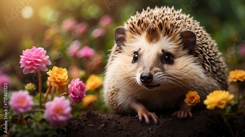Four-toed Hedgehog  in flower field, cute animal pet photo photo