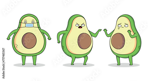 Cute avocado fruit cartoon character set 2 of wearing mask and arguing