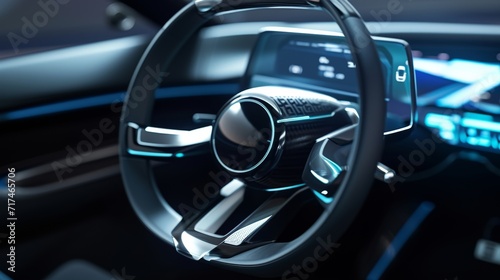 A closeup of the steering wheel with handsfree capability emphasizing the autonomous control of the vehicle. © Justlight