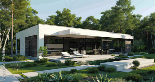 rendering of modern house with white windows on a green grass © Kien