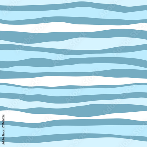 Seamless pattern of horizontal blue waves on a blue background, reminiscent of a wave. The stripes resemble sea surf. Summer fabric pattern. Flat vector illustration.